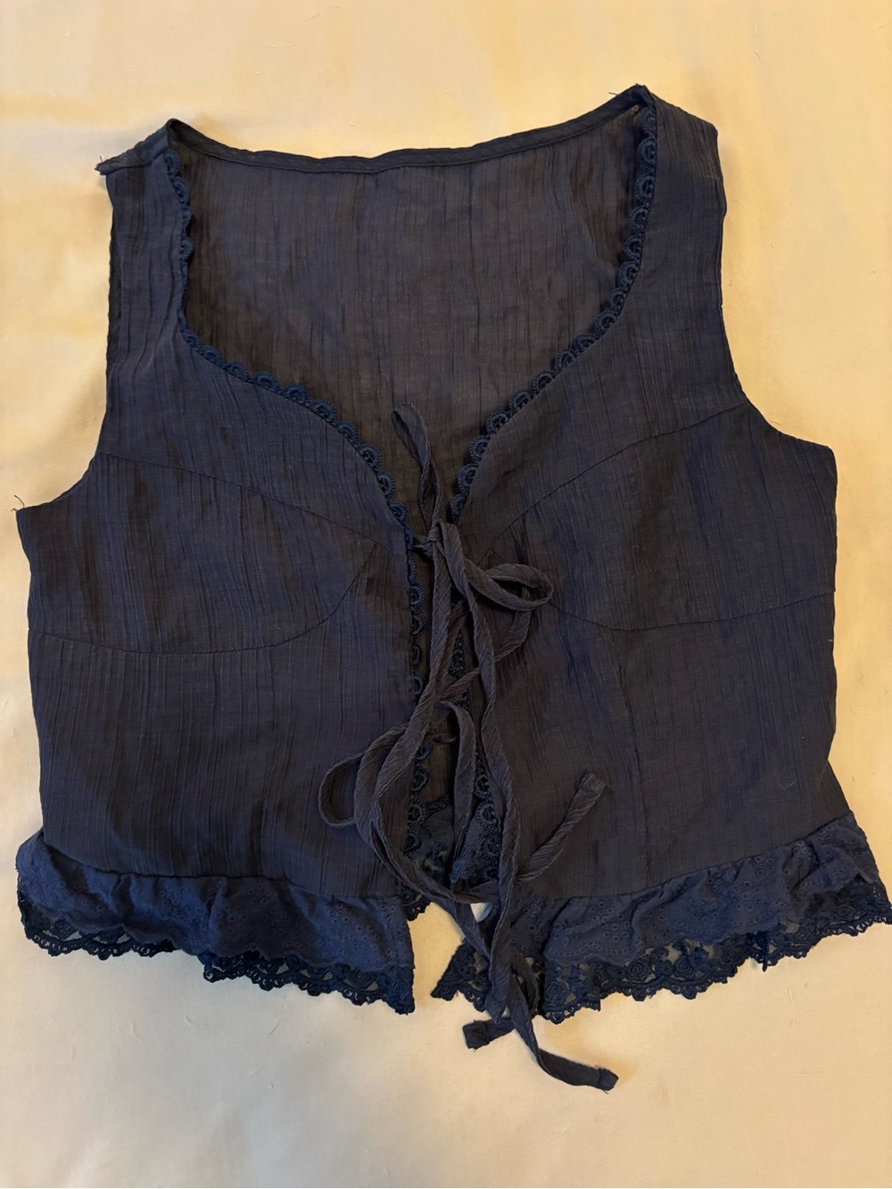 Source Unknown Navy Lace-Trim Tie-Front Crop Vest